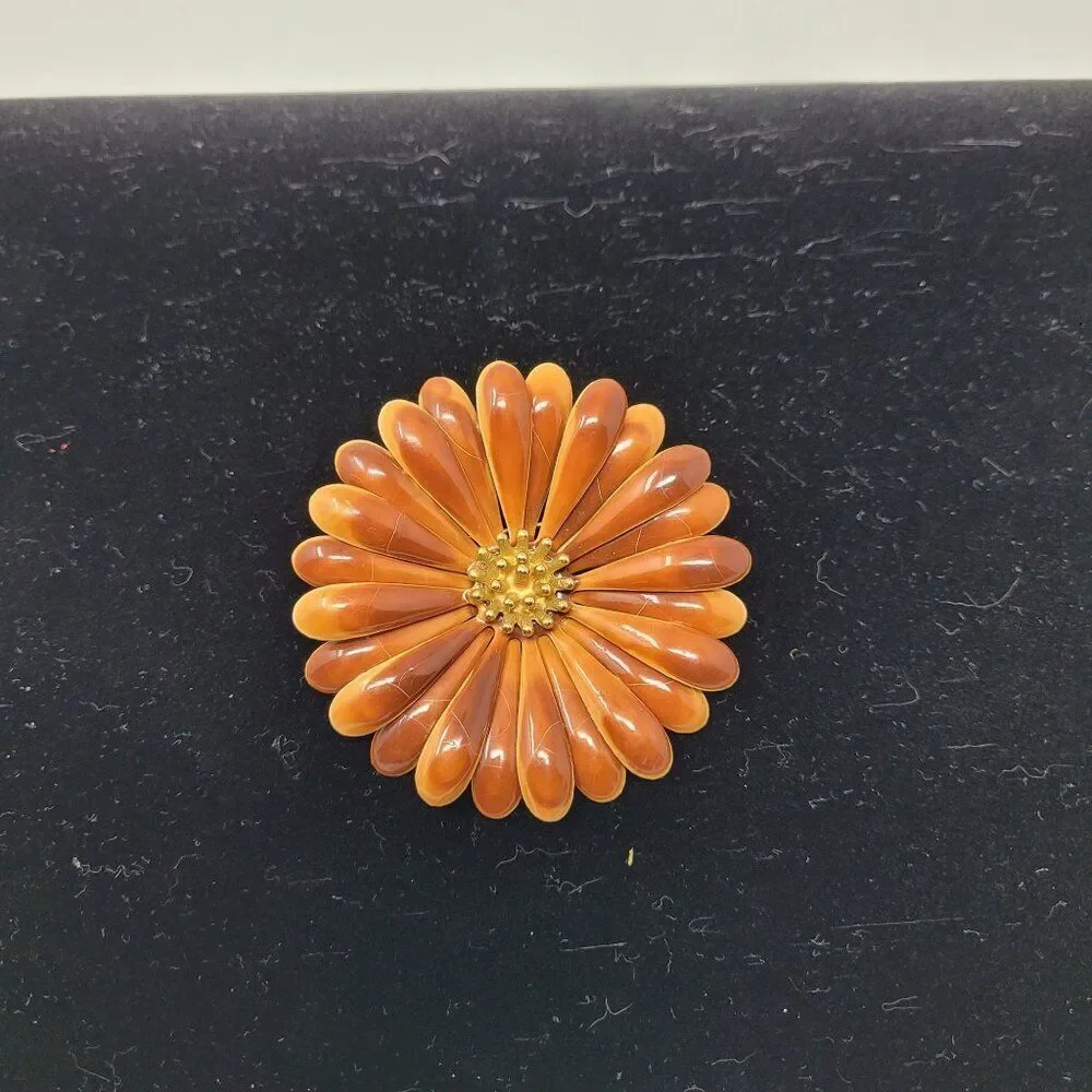 Vintage 60s‎ Brown Orange Enamel Flower Brooch Pin Mid-Century Mod Sunflower Lg